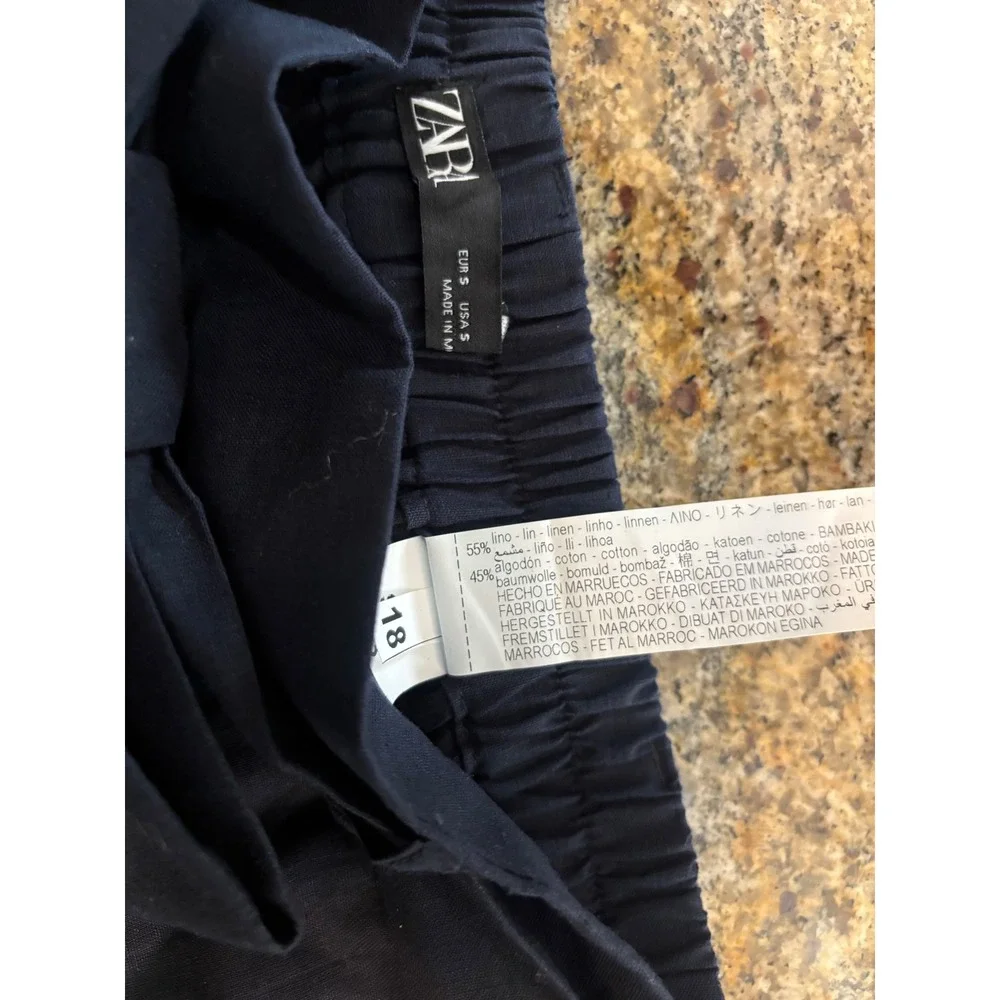 NWT Zara Linen Blend Cargo Pants Tie Waist Relaxed Fit‎ Cropped Blue Small